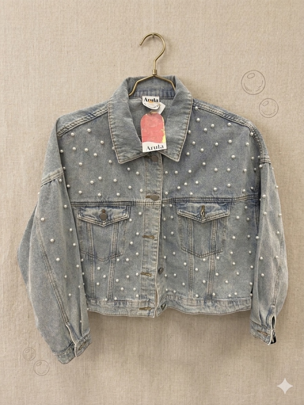 ARULA Light Blue Pearl-Studded Denim Jacket